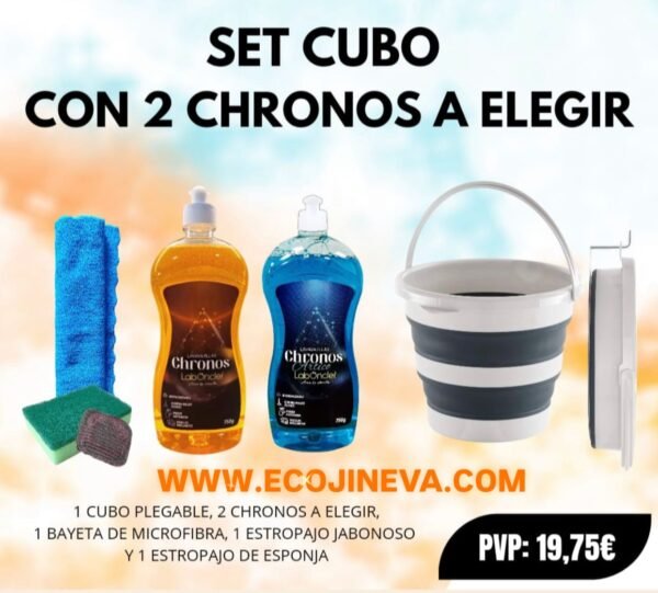 SET CUBO PLEGABLE+2 CHRONOS A ELEGIR+BAYETA MICROF.+ESTOPAJO CON ESPONJA+JABONOSO