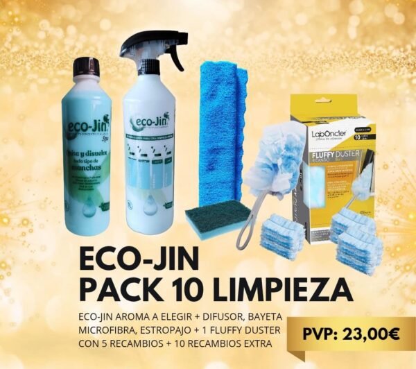 PACK 10 LIMPIEZA ECO JIN A ELEGIR, DIFUSOR, PLUMERO FUFFLY y 10 RECAMBIOS EXTRAS FUFFLY, BAYETA MICROFIBRA, ESTROPAJO CON ESPONJA