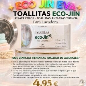 TOALLITAS ECO-JIN — ATRAPA COLOR PARA LAVADORA 20 UNIDADES · FIBRAS 100% NATURALES