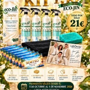 KIT 30 ANIVERSARIO ECOJIN SNOW 1L y 3 DIFUSORES PREMIUM y 1 ESTROPAJO SILICONA y BAYETA MICROFIBRA y 5 PAPELETAS y FOTO FIRMADA POR FUNDADORES